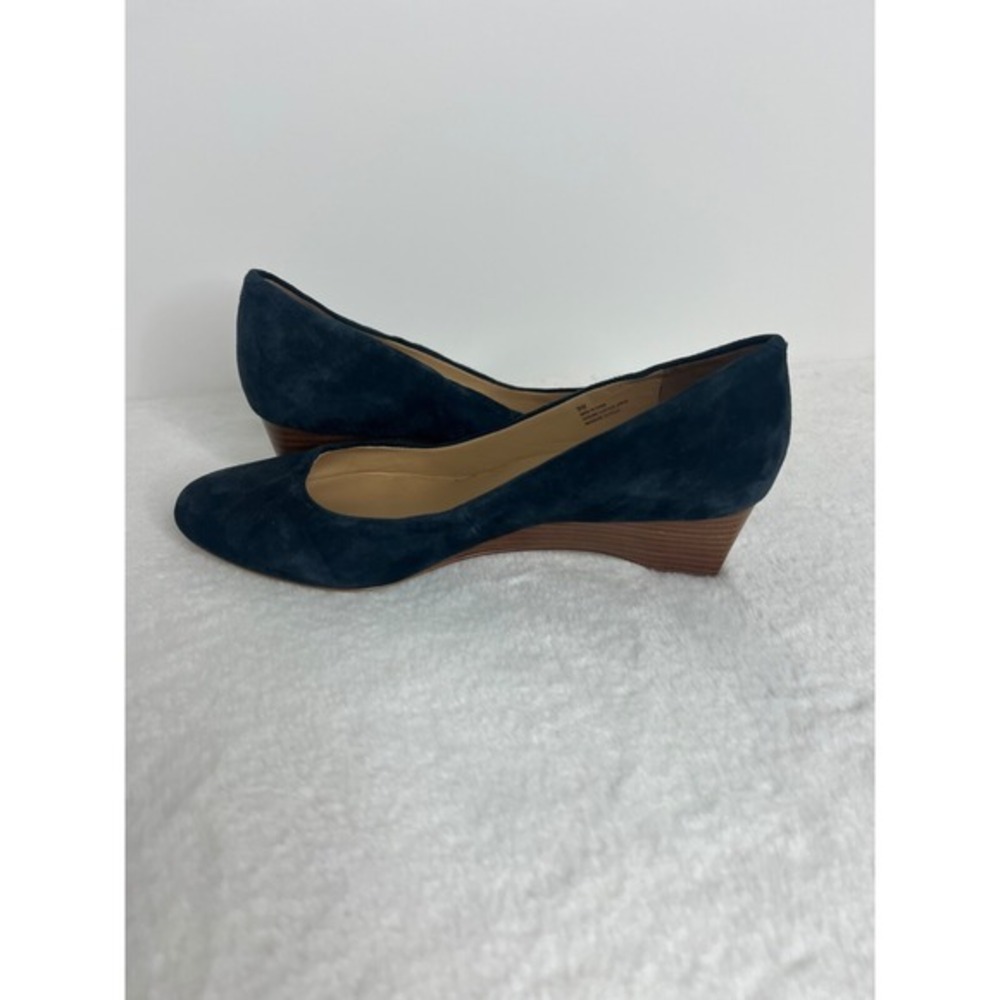Navy Blue Suede Wedge Pumps Women 9W Genuine Leather Almond Toe Low Heel Shoes - Picture 4 of 8